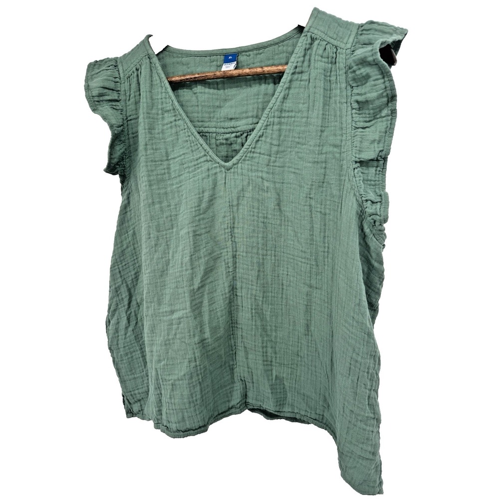 Old Navy Blouse XL Green Gauzy Cap‎ Sleeve Ruffle V Neck Capsule light flowy